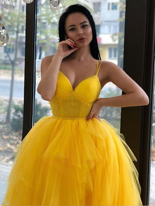 Gorgeous Yellow A-Line Tulle Ruffles V-neck Sleeveless Asymmetrical Prom Dress