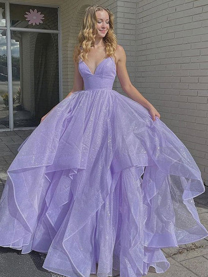 Gorgeous Lilac A-Line Ruffles V-neck Sleeveless Sweep/Brush Train Prom Dress