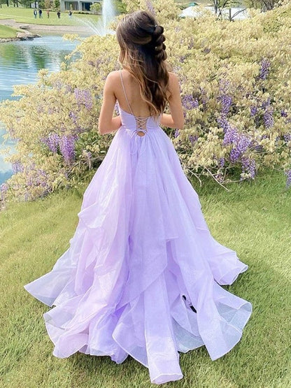 Gorgeous Lilac A-Line Ruffles V-neck Sleeveless Sweep/Brush Train Prom Dress