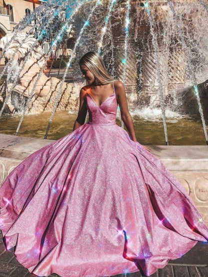 Gorgeous Pink A-Line Ruffles V-neck Sleeveless Sweep/Brush Train Prom Dress