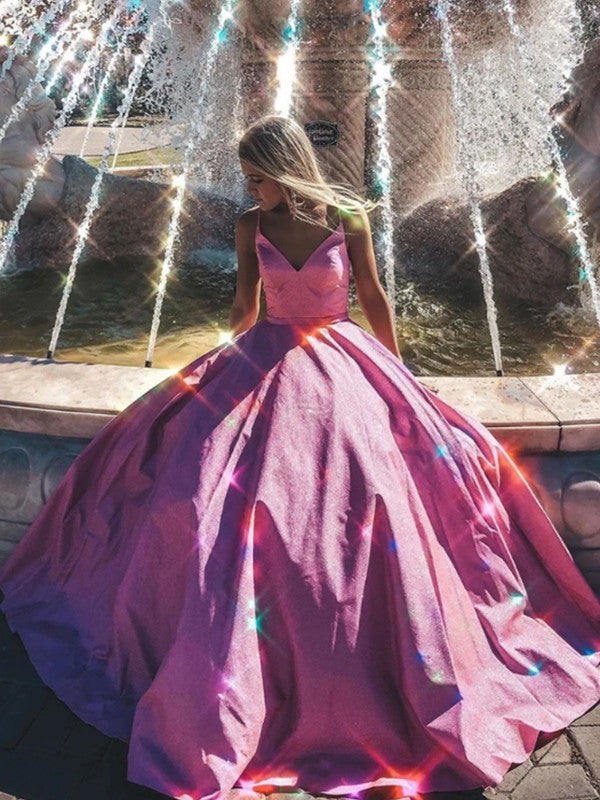 Gorgeous Pink A-Line Ruffles V-neck Sleeveless Sweep/Brush Train Prom Dress