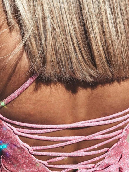 Gorgeous Pink A-Line Ruffles V-neck Sleeveless Sweep/Brush Train Prom Dress