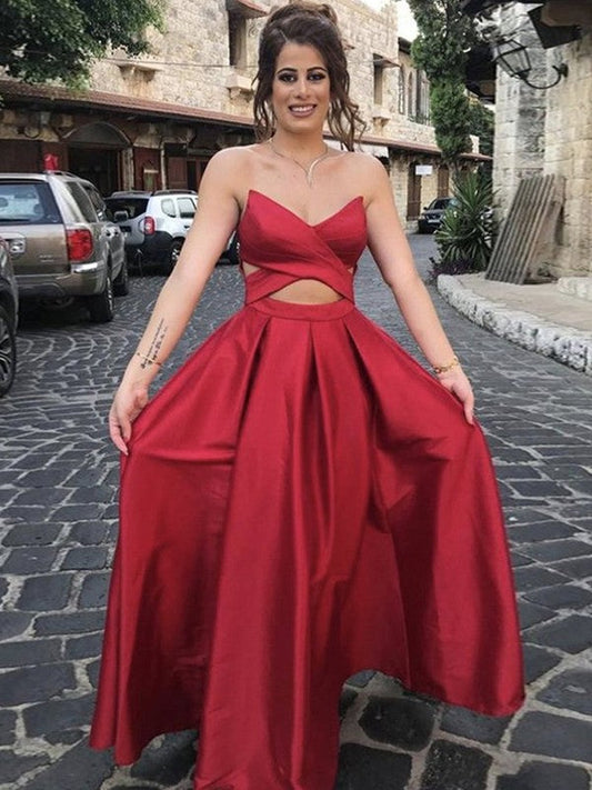 Super Red A-Line Satin Ruffles Sweetheart Sleeveless Floor-Length Prom Dress