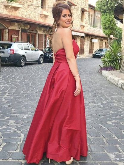 Super Red A-Line Satin Ruffles Sweetheart Sleeveless Floor-Length Prom Dress