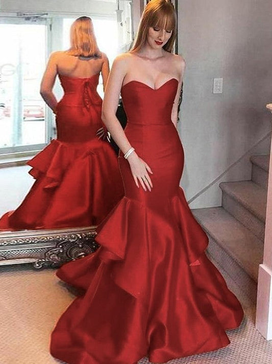 Super Red Mermaid Satin Ruffles Sweetheart Sleeveless Sweep/Brush Train Prom Dress