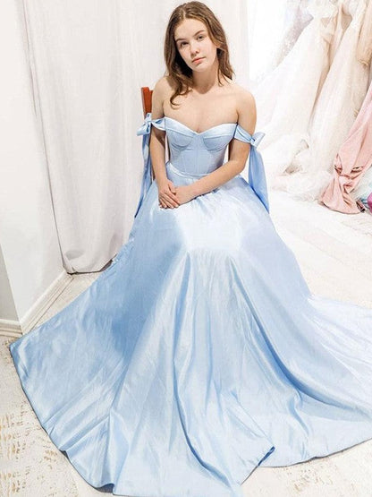 Lovely Blue A-Line Satin Ruffles Sweetheart Sleeveless Sweep/Brush Train Prom Dress