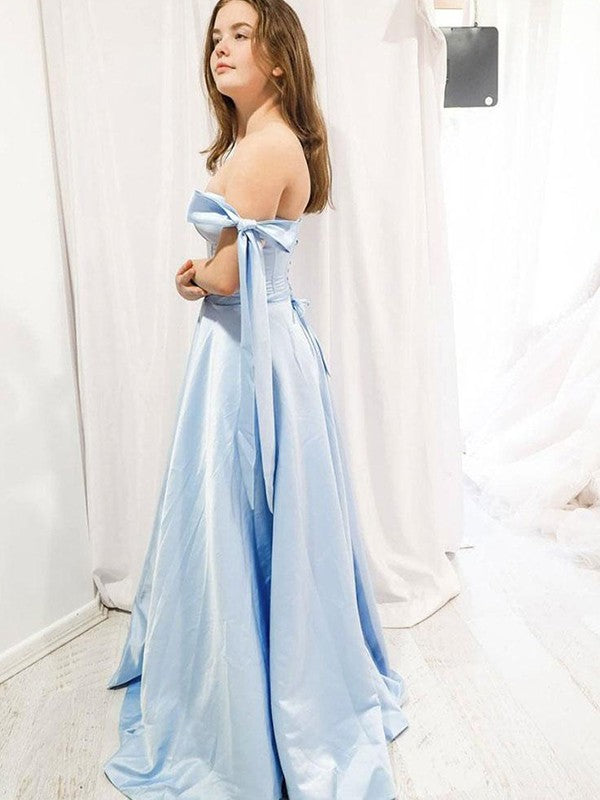Lovely Blue A-Line Satin Ruffles Sweetheart Sleeveless Sweep/Brush Train Prom Dress