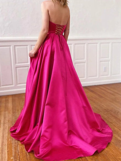 Lovely Fuchsia A-Line Satin Ruffles Strapless Sleeveless Sweep/Brush Train Prom Dress