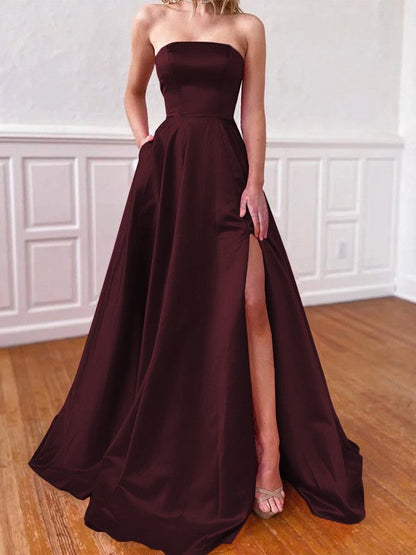 Lovely Fuchsia A-Line Satin Ruffles Strapless Sleeveless Sweep/Brush Train Prom Dress