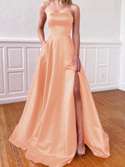 Lovely Fuchsia A-Line Satin Ruffles Strapless Sleeveless Sweep/Brush Train Prom Dress