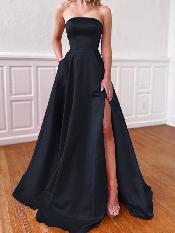 Lovely Fuchsia A-Line Satin Ruffles Strapless Sleeveless Sweep/Brush Train Prom Dress