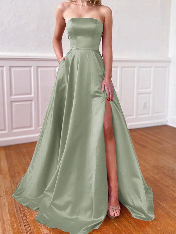 Lovely Fuchsia A-Line Satin Ruffles Strapless Sleeveless Sweep/Brush Train Prom Dress