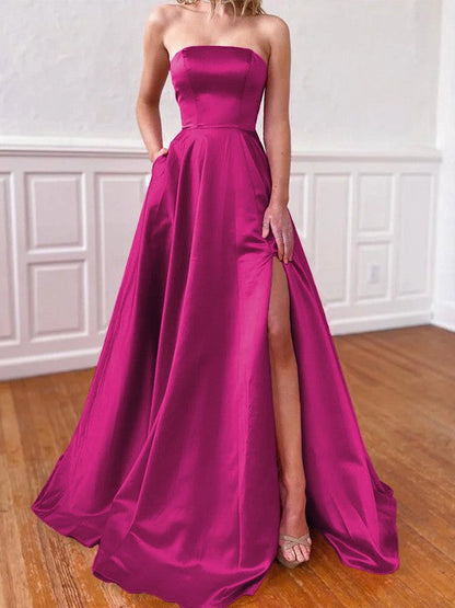 Lovely Fuchsia A-Line Satin Ruffles Strapless Sleeveless Sweep/Brush Train Prom Dress