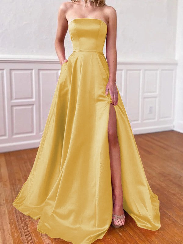 Lovely Fuchsia A-Line Satin Ruffles Strapless Sleeveless Sweep/Brush Train Prom Dress