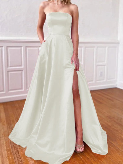 Lovely Fuchsia A-Line Satin Ruffles Strapless Sleeveless Sweep/Brush Train Prom Dress