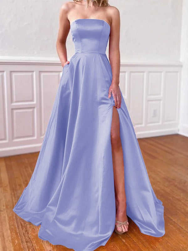 Lovely Fuchsia A-Line Satin Ruffles Strapless Sleeveless Sweep/Brush Train Prom Dress