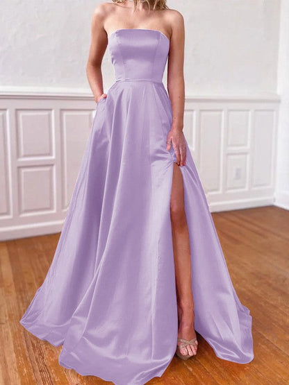 Lovely Fuchsia A-Line Satin Ruffles Strapless Sleeveless Sweep/Brush Train Prom Dress