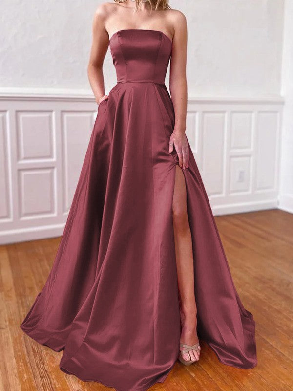 Lovely Fuchsia A-Line Satin Ruffles Strapless Sleeveless Sweep/Brush Train Prom Dress