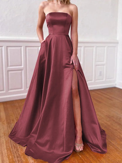 Lovely Fuchsia A-Line Satin Ruffles Strapless Sleeveless Sweep/Brush Train Prom Dress