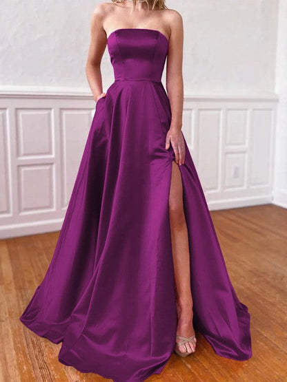 Lovely Fuchsia A-Line Satin Ruffles Strapless Sleeveless Sweep/Brush Train Prom Dress