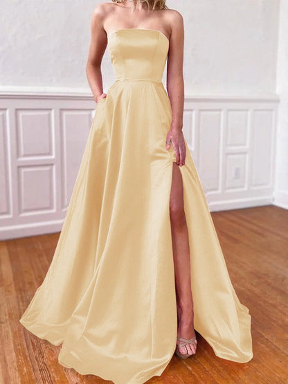 Lovely Fuchsia A-Line Satin Ruffles Strapless Sleeveless Sweep/Brush Train Prom Dress