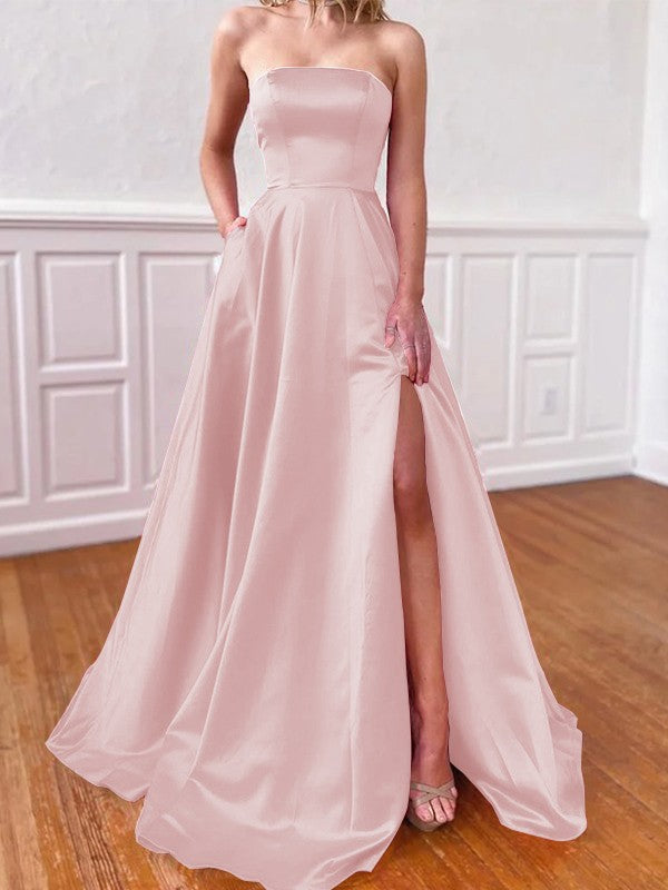 Lovely Fuchsia A-Line Satin Ruffles Strapless Sleeveless Sweep/Brush Train Prom Dress