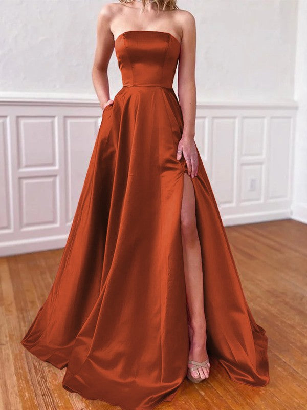 Lovely Fuchsia A-Line Satin Ruffles Strapless Sleeveless Sweep/Brush Train Prom Dress