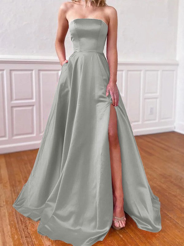 Lovely Fuchsia A-Line Satin Ruffles Strapless Sleeveless Sweep/Brush Train Prom Dress