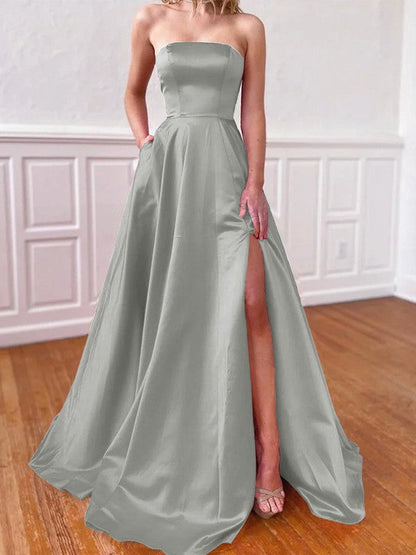 Lovely Fuchsia A-Line Satin Ruffles Strapless Sleeveless Sweep/Brush Train Prom Dress