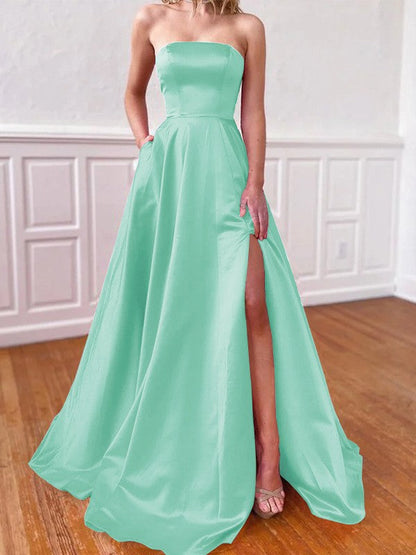 Lovely Fuchsia A-Line Satin Ruffles Strapless Sleeveless Sweep/Brush Train Prom Dress