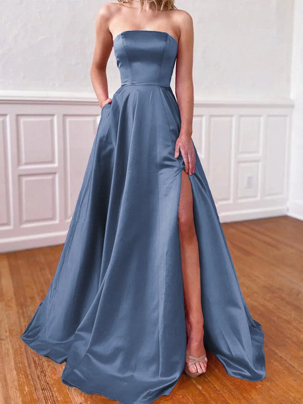 Lovely Fuchsia A-Line Satin Ruffles Strapless Sleeveless Sweep/Brush Train Prom Dress