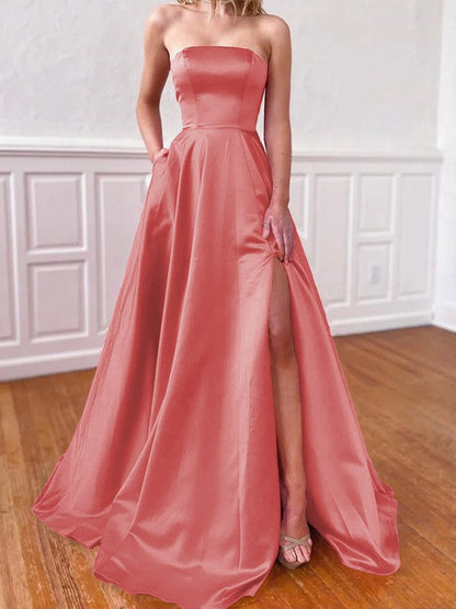 Lovely Fuchsia A-Line Satin Ruffles Strapless Sleeveless Sweep/Brush Train Prom Dress