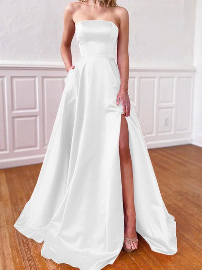 Lovely Fuchsia A-Line Satin Ruffles Strapless Sleeveless Sweep/Brush Train Prom Dress