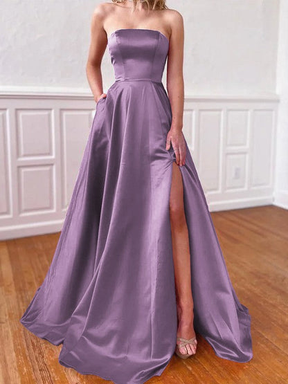 Lovely Fuchsia A-Line Satin Ruffles Strapless Sleeveless Sweep/Brush Train Prom Dress