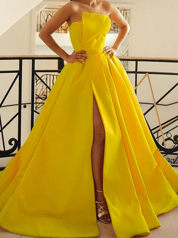 Lovely Daffodil A-Line Satin Ruffles Strapless Sleeveless Sweep/Brush Train Prom Dress