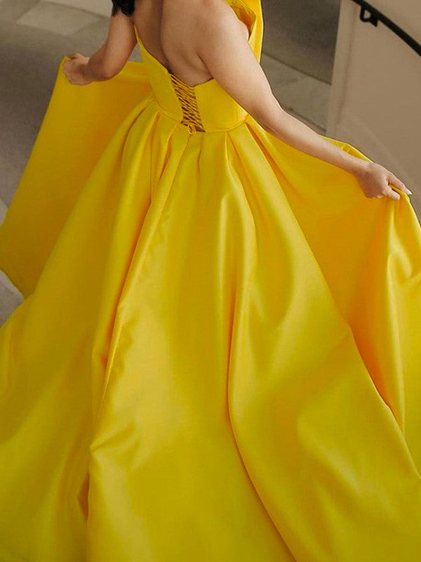 Lovely Daffodil A-Line Satin Ruffles Strapless Sleeveless Sweep/Brush Train Prom Dress