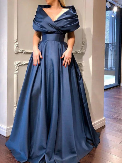 Gorgeous Dark Navy A-Line Satin Ruffles V-neck Sleeveless Sweep/Brush Train Prom Dress