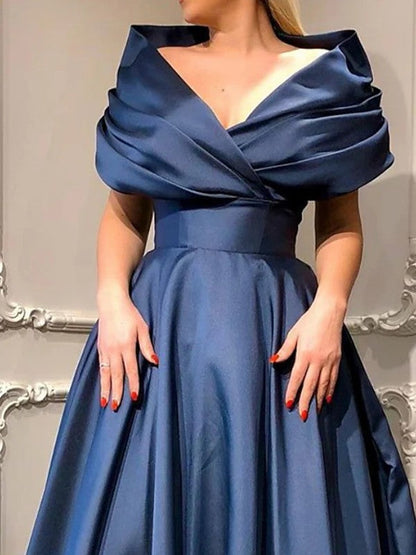 Gorgeous Dark Navy A-Line Satin Ruffles V-neck Sleeveless Sweep/Brush Train Prom Dress