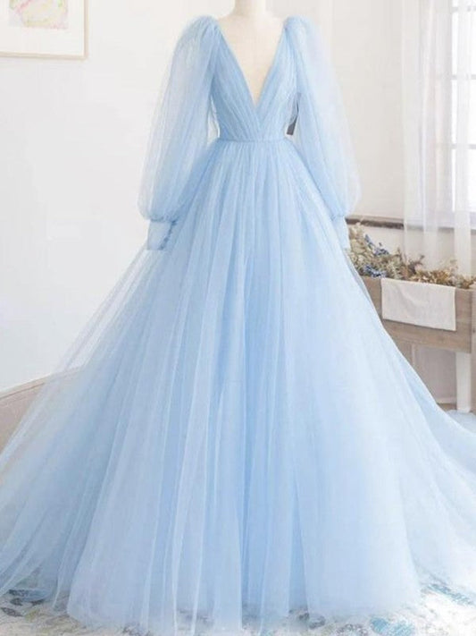 Super Light Sky Blue A-Line Tulle Ruffles V-neck Long Sleeves Sweep/Brush Train Prom Dress