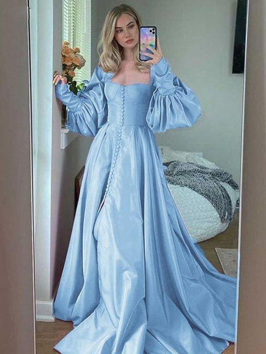 Super Blue A-Line Satin Ruffles Sweetheart Long Sleeves Sweep/Brush Train Prom Dress
