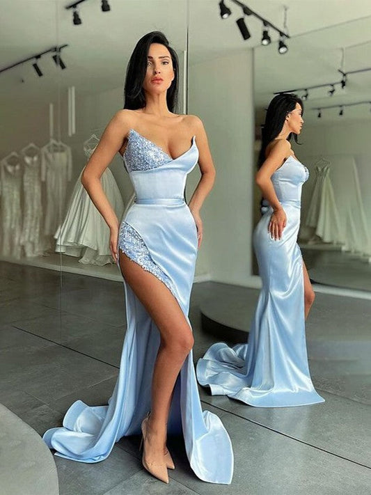 Super Blue Sheath Satin Ruffles Sweetheart Sleeveless Sweep/Brush Train Prom Dress