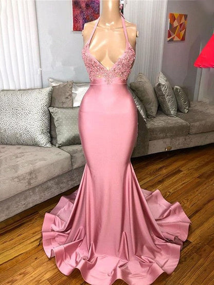 Gorgeous Pink Mermaid Charmeuse Ruffles V-neck Sleeveless Sweep/Brush Train Prom Dress