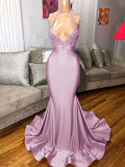 Gorgeous Pink Mermaid Charmeuse Ruffles V-neck Sleeveless Sweep/Brush Train Prom Dress