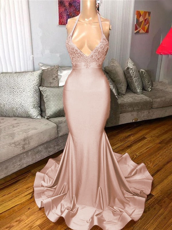 Gorgeous Pink Mermaid Charmeuse Ruffles V-neck Sleeveless Sweep/Brush Train Prom Dress