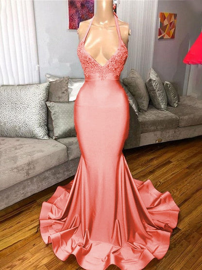 Gorgeous Pink Mermaid Charmeuse Ruffles V-neck Sleeveless Sweep/Brush Train Prom Dress