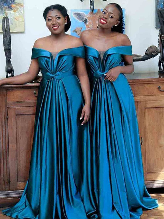 A-Line/Princess Silk like Satin Ruffles Off-the-Shoulder Sleeveless Sweep/Brush Train Bridesmaid Dresses