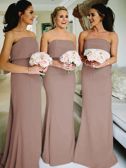 Sheath/Column Stretch Crepe Ruffles Strapless Sleeveless Sweep/Brush Train Bridesmaid Dresses