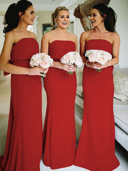 Sheath/Column Stretch Crepe Ruffles Strapless Sleeveless Sweep/Brush Train Bridesmaid Dresses