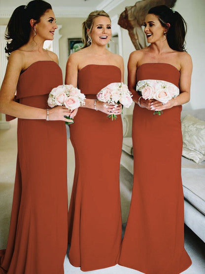 Sheath/Column Stretch Crepe Ruffles Strapless Sleeveless Sweep/Brush Train Bridesmaid Dresses