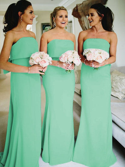 Sheath/Column Stretch Crepe Ruffles Strapless Sleeveless Sweep/Brush Train Bridesmaid Dresses